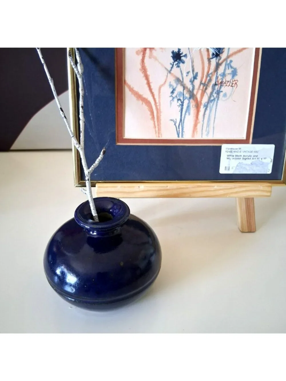 Vintage Cobalt Blue Studio Pottery Squat Vase Artist Signed Kathryn